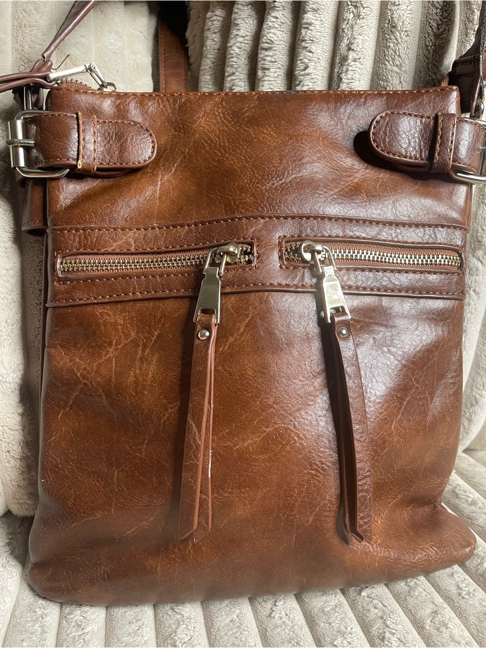 Miztrque Brown Leather Crossbody Bag Multi Zip Shoulder Purse Buckle Detail - Picture 2 of 11